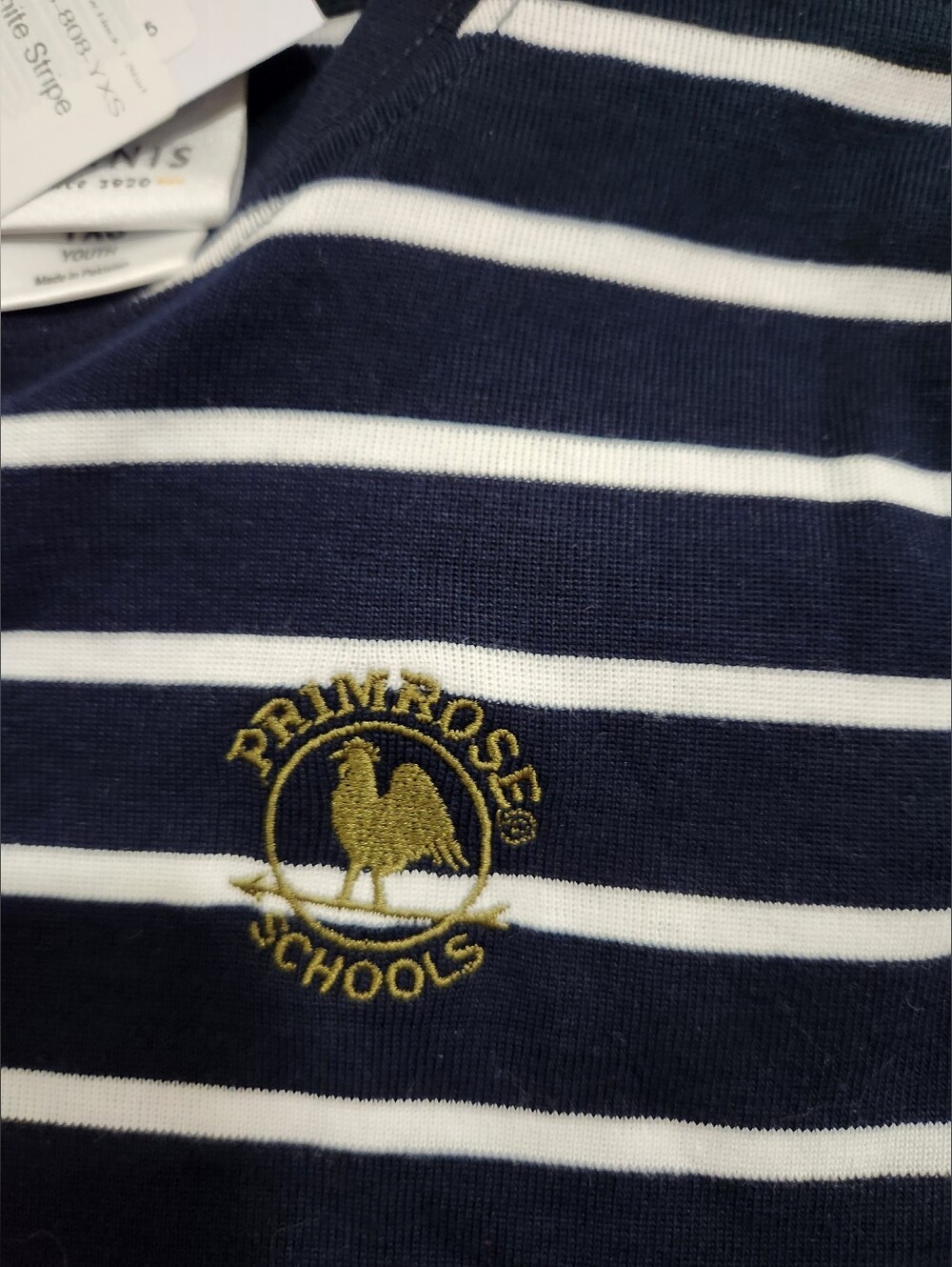 Dennis Uniform Navy & White Stripe Crew Neck T-Shirt (Primrose Schools), YXS